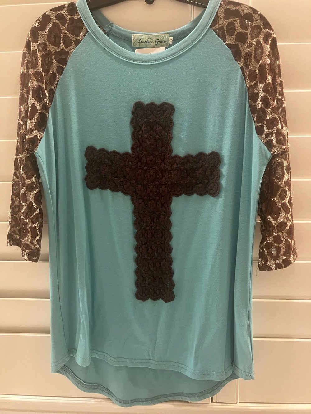 Southern Grace Aqua Raglan Tee with Brown Floral Cross